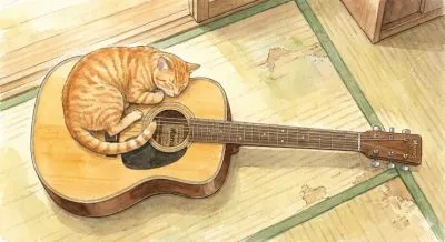 モーリスF-12の上で昼寝をする猫のイラスト