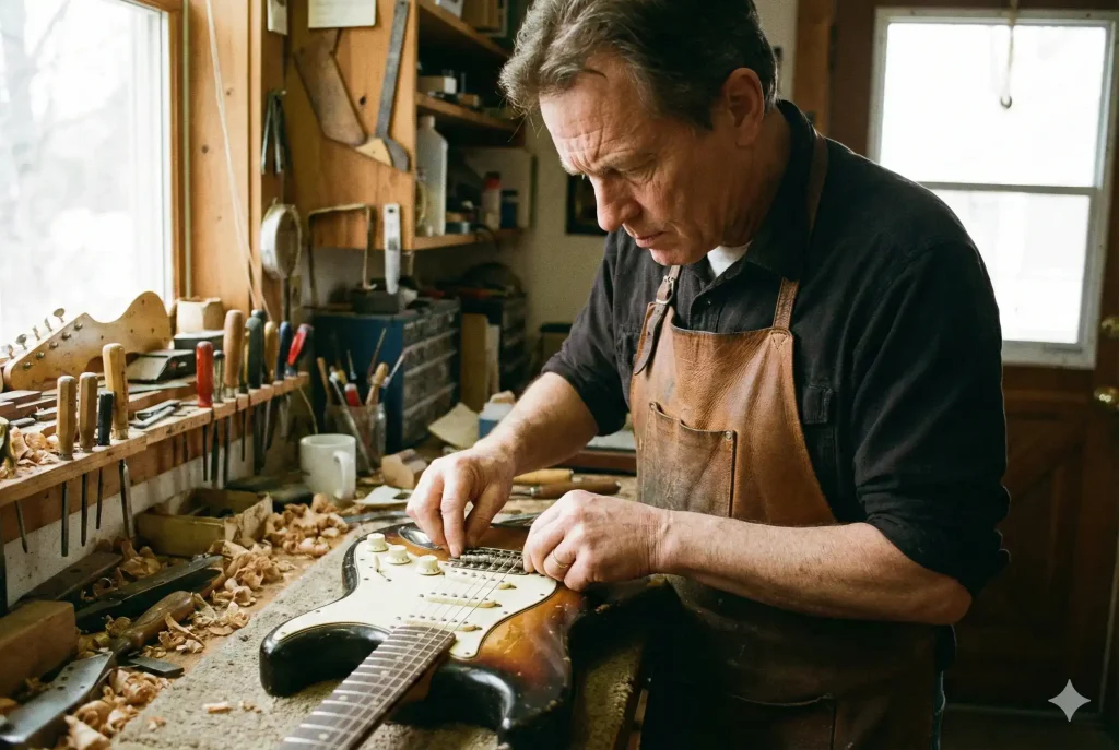 クラフトマンがギターを調整しているイラスト