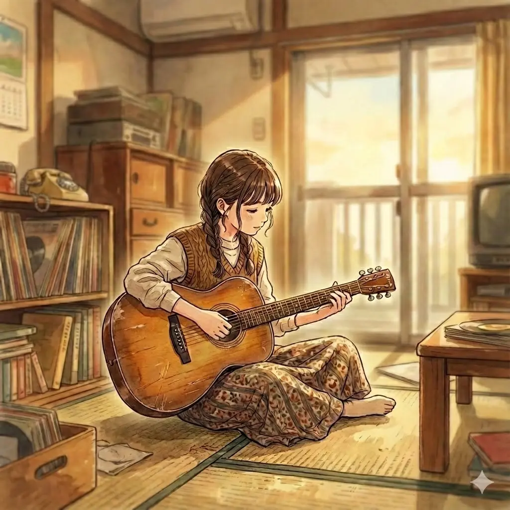 70年代のアパートで少女がギターを弾いている