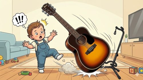 私の息子が韓国製のモーリスである MG-301を倒してネックを折ってしまうイラスト