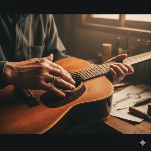 Illustration of a craftsman's hands holding a guitar